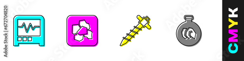 Set Seismograph, Gold nugget, Construction jackhammer and Exhibition with minerals, rocks icon. Vector