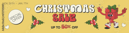  Retro groovy Merry Christmas sale banner template with gift and text. Vector funky cartoon design for header of website.
