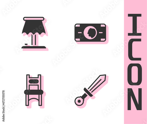 Set Medieval sword, Table lamp, Chair and Stacks paper money cash icon. Vector