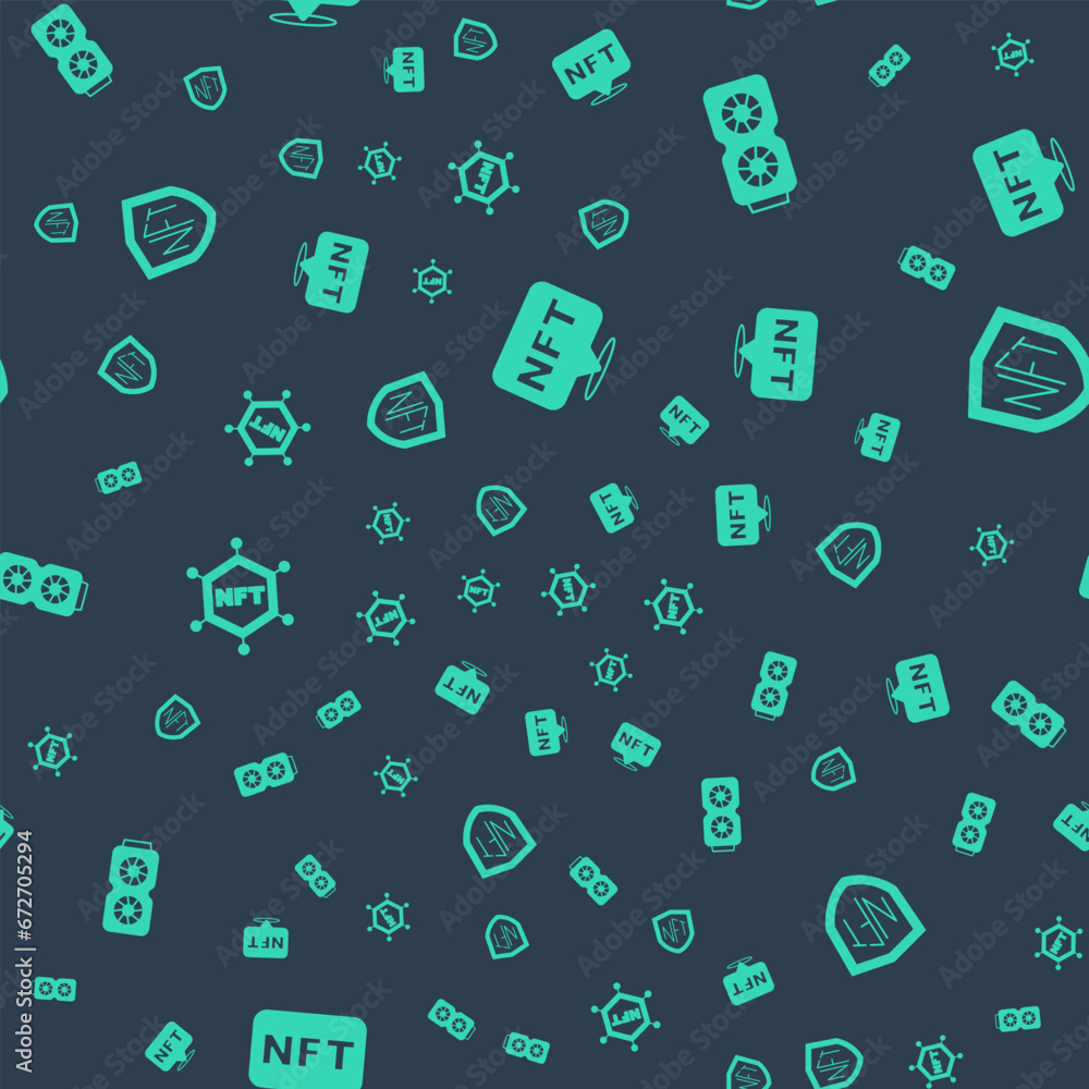 Set NFT Digital crypto art, Video graphic card, blockchain technology and shield on seamless pattern. Vector Set NFT Digital crypto art, Video graphic card, blockchain technology and shield on seamless pattern. Vector