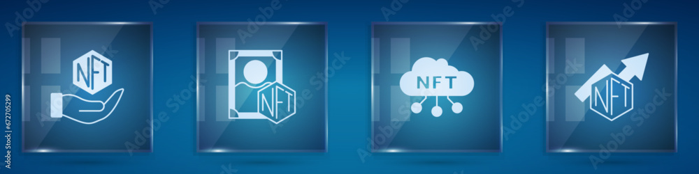 Set NFT Digital crypto art, cloud and growth bar chart. Square glass panels. Vector - obrazy, fototapety, plakaty 