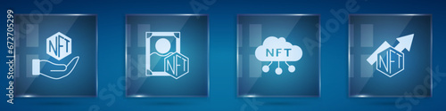 Set NFT Digital crypto art, cloud and growth bar chart. Square glass panels. Vector