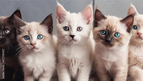A row of cute kittens staring with playful blue eyes generated by AI