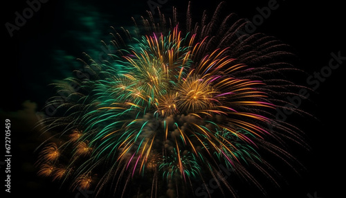Fourth of July celebration Vibrant colors, exploding fireworks, illuminating night generated by AI