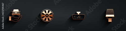 Set Auto service check automotive, Alloy wheel for car, Car mirror and air filter icon with long shadow. Vector