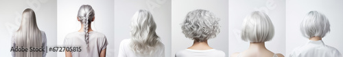Various haircuts for woman with silver white hair - long straight, wavy, braided ponytail, small perm, bobcut and short hairs. View from behind on white background. Generative AI