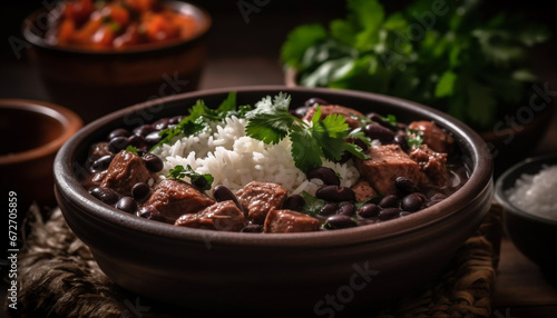 A gourmet meal of cooked beef and fresh vegetables  garnished with parsley and cilantro  served on a rustic wooden table generated by AI