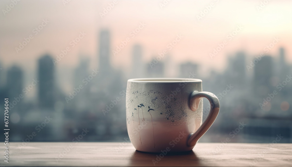 A hot cappuccino on a wooden desk overlooking the cityscape generated by AI A hot cappuccino on a wooden desk overlooking the cityscape generated by AI