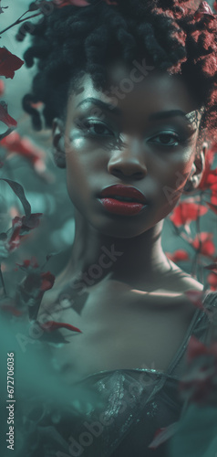 Beautiful seductive African American woman with fantasy makeup posing in a garden. Glamorous portrait photo of a female in gothic fashion. Concept of mystery and boho vintage style, pink, green, blue 