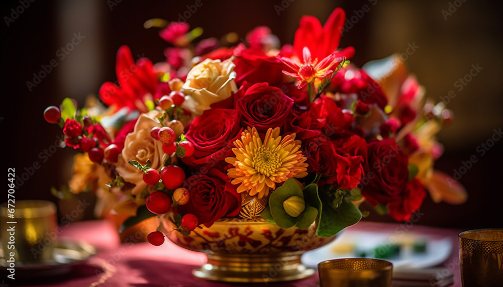 A luxurious bouquet of multi colored flowers adds elegance to celebration generated by AI