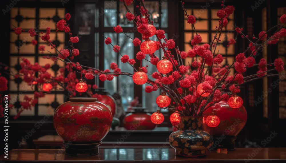 Ornate lantern illuminates traditional winter celebration with Chinese culture decor generated by AI