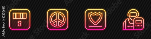 Set line Shield, Prison cell door, Peace and Police officer. Glowing neon icon. Vector