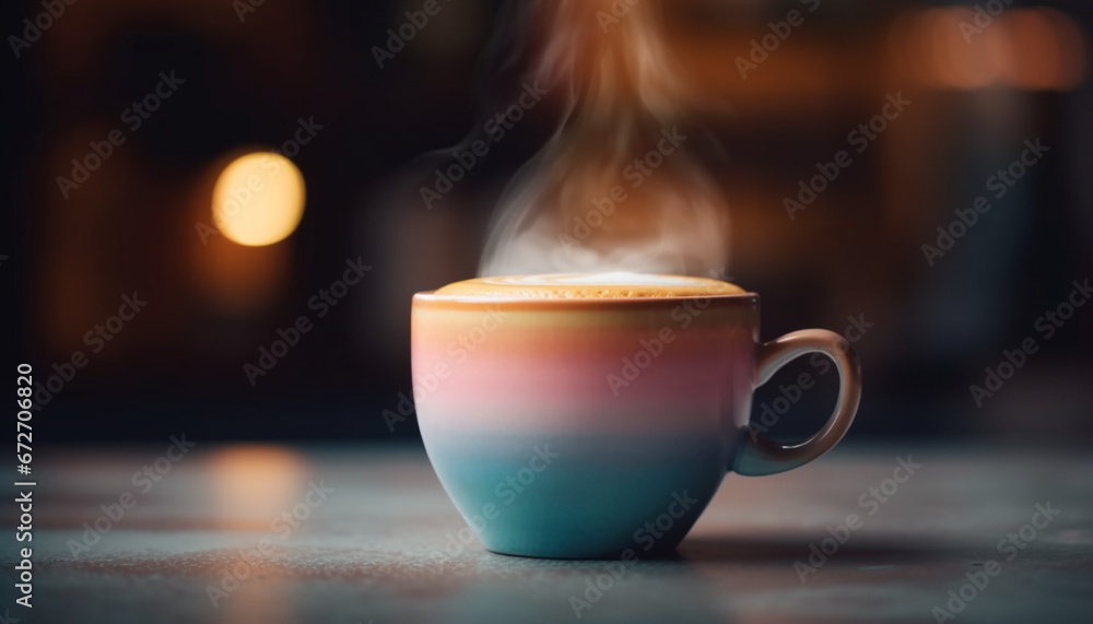 Obraz premium A frothy cappuccino on a wooden table, perfect relaxation drink generated by AI