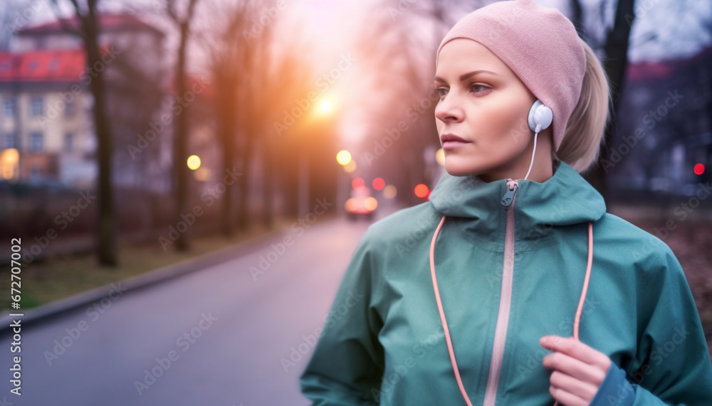 One determined woman, jogging in the rain with headphones on generated by AI One determined woman, jogging in the rain with headphones on generated by AI