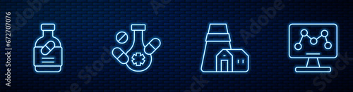 Set line Power station plant, Medicine bottle and pills, and Genetic engineering. Glowing neon icon on brick wall. Vector
