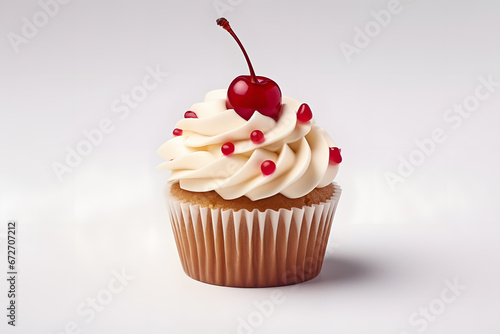 Single cupcake with frosting and cherry fruit