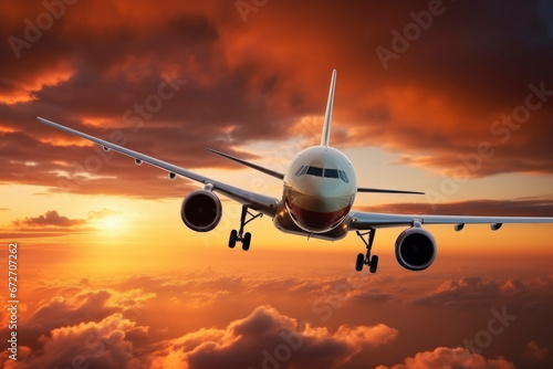 White passenger plane flies in the clouds against the backdrop of beautiful bright sunset. Air transport concept, transportation of people, travel, business
