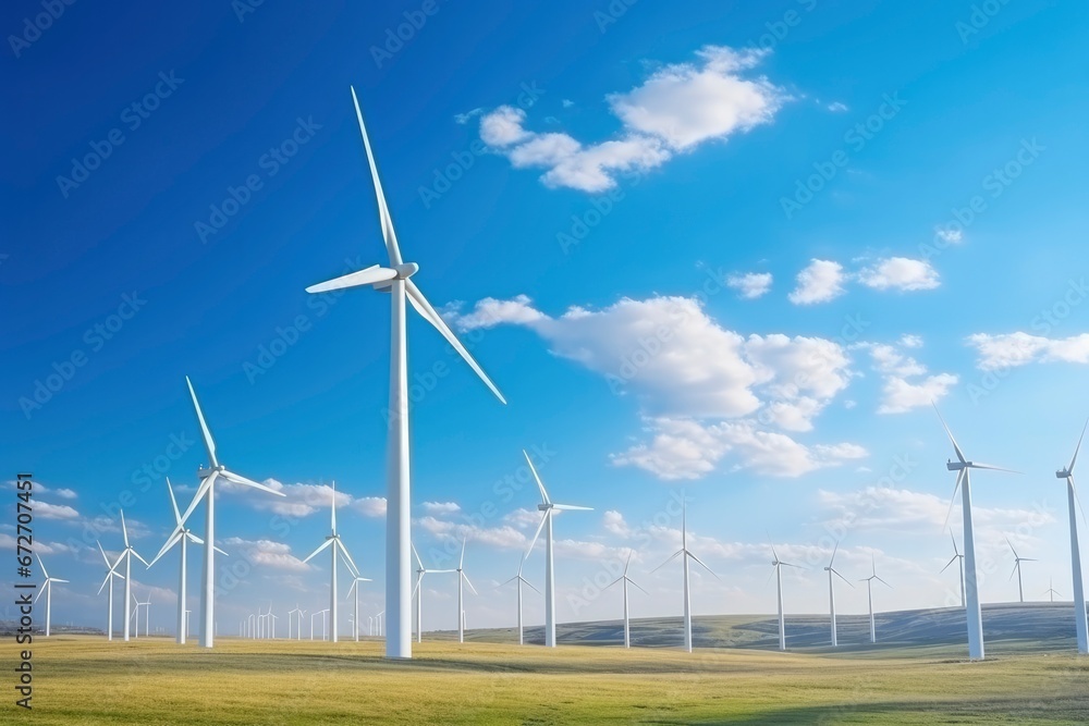 Windmills for energy production against a background of landscape with blue sky. Electric windmill farm produces green energy, white turbines, wind generator. Power generation concept Windmills for energy production against a background of landscape with blue sky. Electric windmill farm produces green energy, white turbines, wind generator. Power generation concept