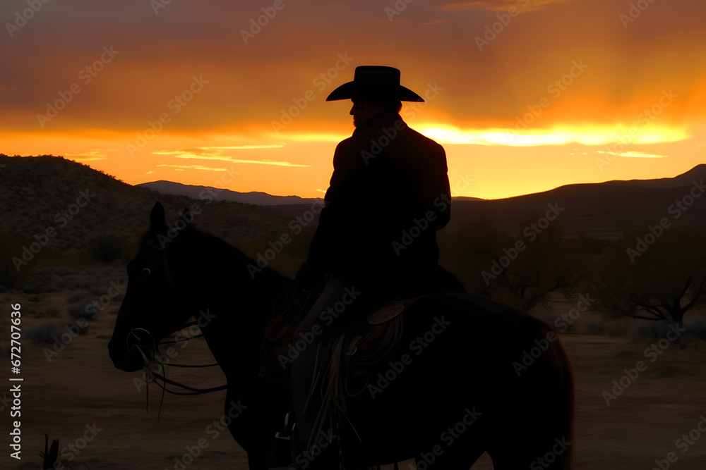 Silhouette Cowboy on horseback. Neural network AI generated art