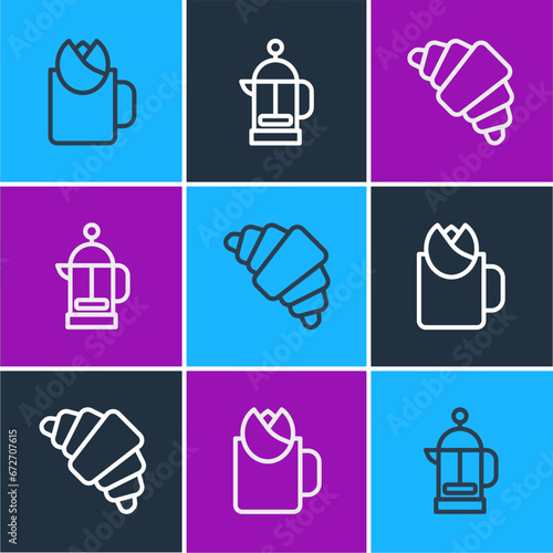 Set line Cup of tea with rose, Croissant and French press icon. Vector