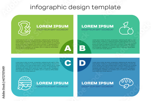 Set line Vegan food diet, No leather, bread loaf and Apple. Business infographic template. Vector