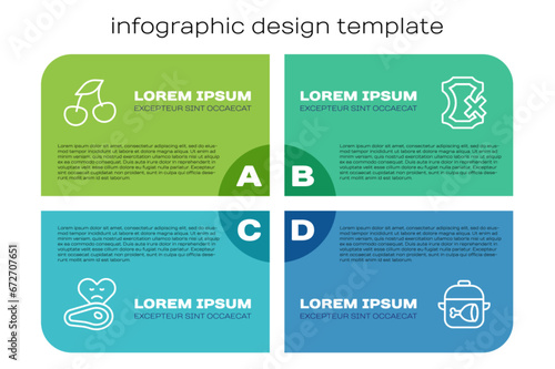 Set line Steak meat, Fresh berries, Cooking pot and chicken leg and No leather. Business infographic template. Vector
