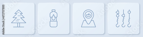 Set line Tree, Picnic location, Bottle of water and Grilled shish kebab skewer. White square button. Vector