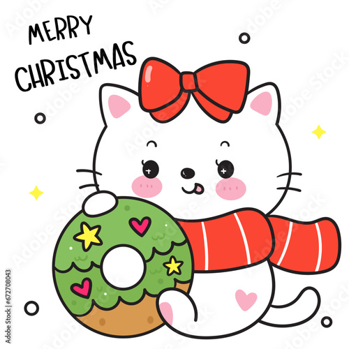 Cute cat with christmas donut x mas tree sweet dessert (happy new year kids) animal kawaii kitten vector for fairy tale book.