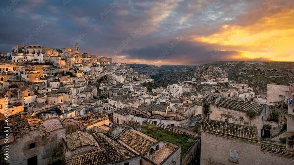 Scenic view of the old town of Matera surrounded by traditional stone buildings