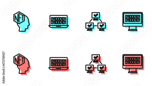 Set line NFT blockchain technology, Digital crypto art, Binary code and icon. Vector