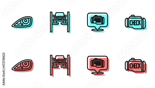 Set line Check engine, Car headlight, Repair car on lift and icon. Vector
