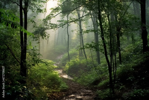 Misty early morning amidst lush woods. Generative AI © Milana