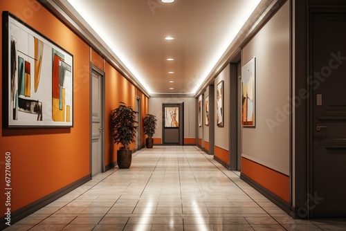 Well-lit hallway with modern decor. Unoccupied room with stylish interior. Generative AI