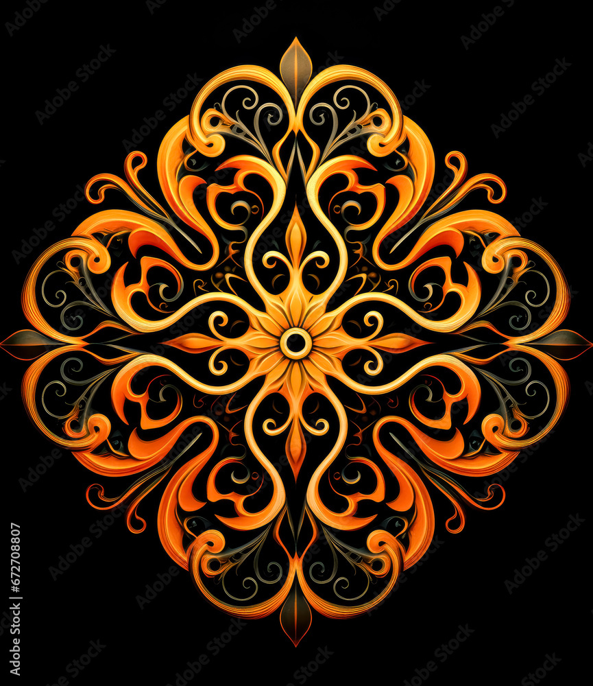 Orange ornament  flower pattern design on black background.
