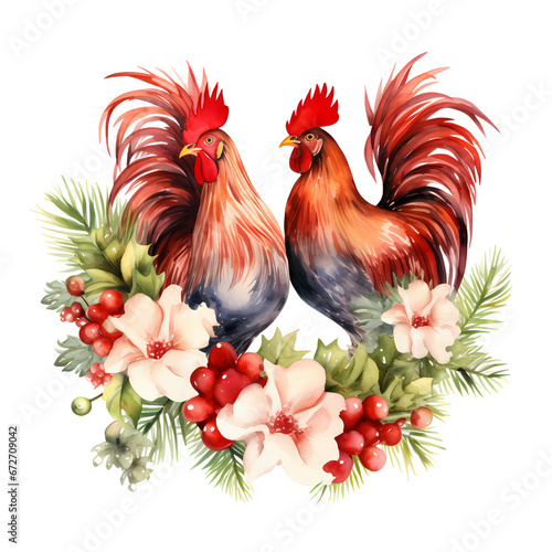 Christmas Chicken Watercolor Clipart, Farm Animal  © Janie