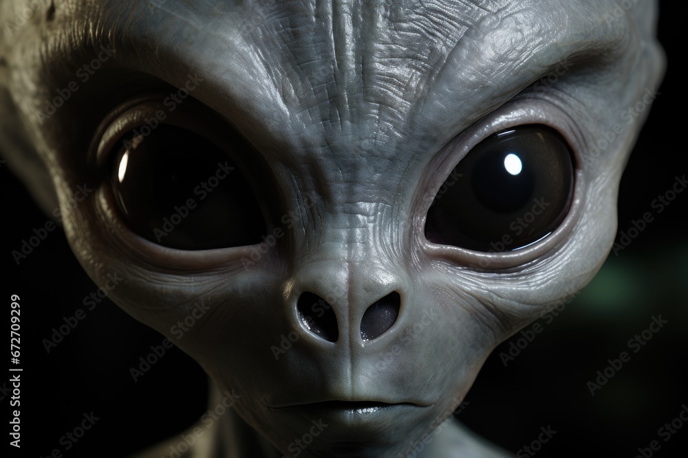 Fantasy alien face closeup on a dark background. Martian. Extraterrestrial Life Concept With a Copy Space.