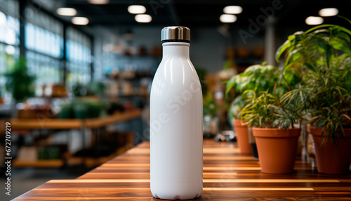  Mockup white reusable  water bottles on a table