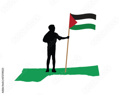 A vector of silhouette men holding waving Palestine flag on Gaza strip.