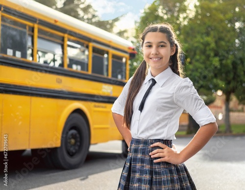 Niña con uniforme delante del autobús escolar photo