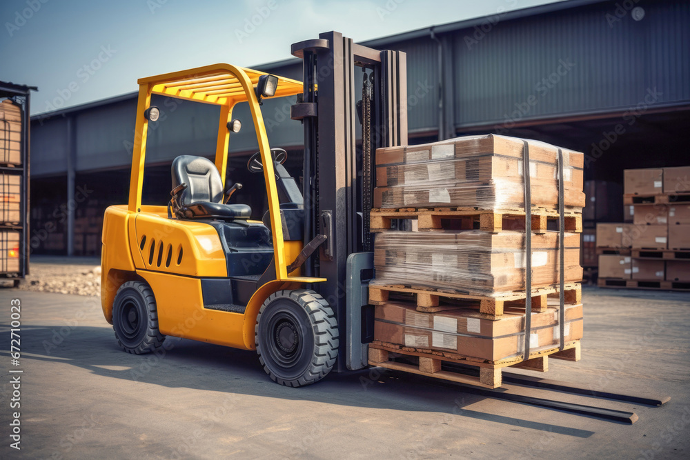 A forklift at an industrial warehouse, used for the transportation and stacking of cargo