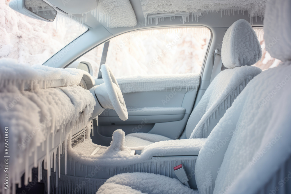 frozen and icy car interior, highlighting the challenges of extreme cold and the importance of proper heating and cooling systems.