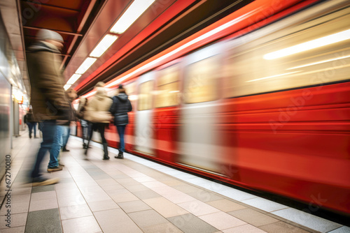 The modern urban transportation scene in a subway station, with a dynamic motion blur capturing the speed and movement of passengers and trains along the railway system.