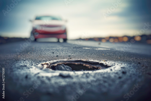 A pothole on a city road, surrounded by rainwater and dirt, emphasizing the challenges of travel on deteriorating pavement. photo