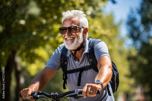 Content senior man cycling through sunny park during his free time. Generative AI © Ilugram