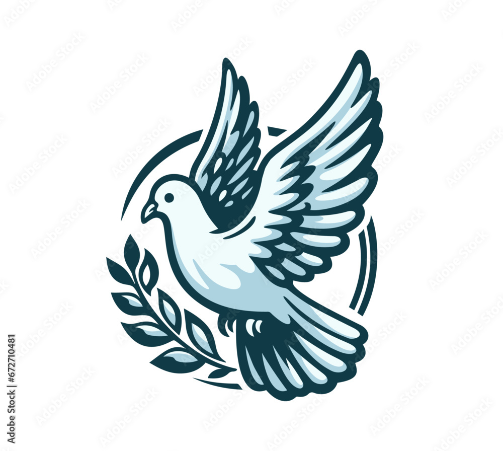 Obraz premium Dove with olive branch. Flying bird. Bird and twig symbol of love peace and freedom. Conceptual illustration symbol of no war, world peace. International Day of Peace. Vector illustration