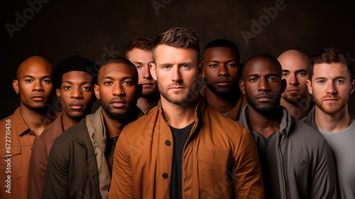 group of men standing together, confident multicultural males beauty in studio setting, diversity concept