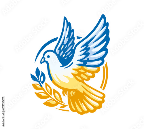 Dove with a branch in the colors of the Ukrainian flag. Support Ukraine. Stop the war in Ukraine. Symbol of hope and peace. No war. Vector illustrations on white background