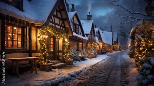 Snow-covered village at night, with Christmas lights twinkling in windows. Generative AI