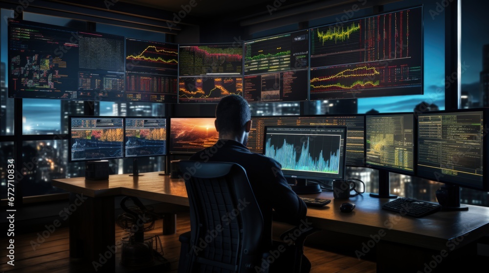 Trader monitoring stock market trends on multiple screens with graphs and charts. Generative AI