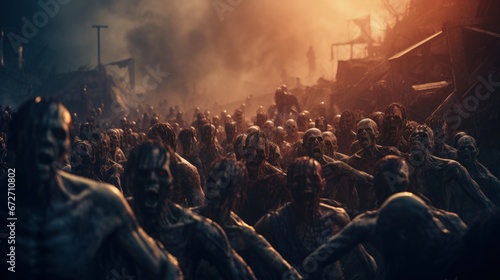 Survivor's point of view fending off hordes of zombies. Generative AI photo